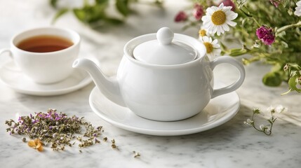 Fototapeta premium Herbal tea elegantly served in a white teapot with a matching cup of espresso coffee, surrounded by fresh flowers and scattered herbs on a marble surface.
