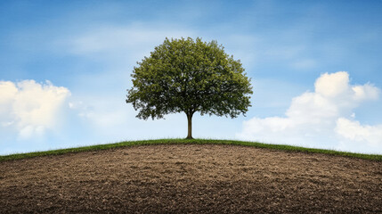 Obraz premium lone tree standing strong on hill under blue sky