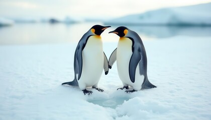 Fototapeta premium A Heartwarming Encounter: Two Majestic Emperor Penguins Embrace on a Pristine Antarctic Ice Shelf, a Symbol of Love and Wildlife Conservation in the Frozen Wilderness
