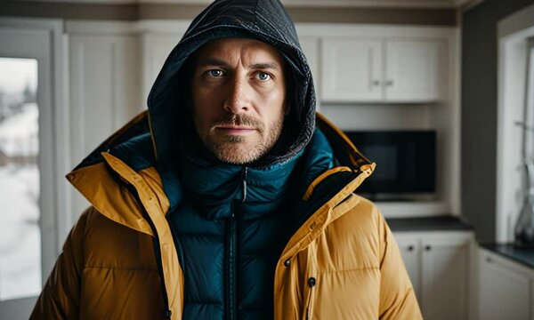 Man in anorak at home. Cold at home.