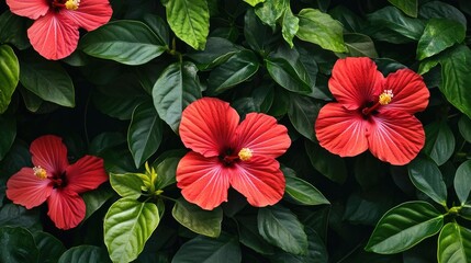 Vibrant red hibiscus flowers amidst lush green leaves create a striking tropical backdrop, evoking a vivid summer ambiance with rich foliage.