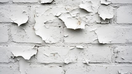 Obraz premium Peeling White Paint on Textured Brick Wall Highlighting Weathered Details and Layering Effects