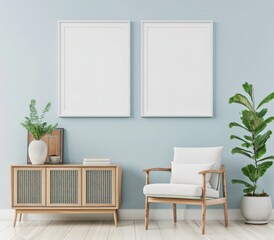 Minimalist living room interior with two blank frames, a wooden cabinet, a chair, and a plant on a light blue wall