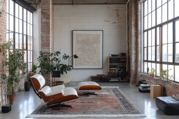 eclectic loft design, a tall loft with chic minimalist decor, blending modern and vintage furnishings for an eclectic touch in its airy ambience