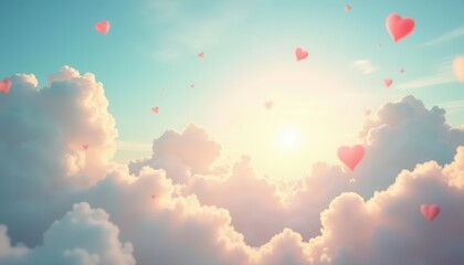 Obraz premium A Serene Sky: Pink Hearts Floating Amongst Fluffy Clouds at Sunrise, Romantic and Dreamy Atmosphere, Perfect for Love, Valentine's Day, or Wedding Themes