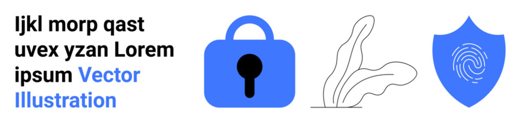 Blue lock icon, shield with fingerprint, and minimalistic plant graphics. Ideal for cyber security, data protection, privacy, online safety, technology, secure access, information security. Banner