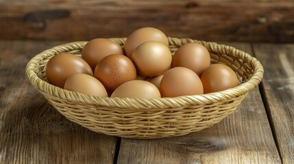Fresh brown eggs nestled in a wicker basket on a rustic wooden table, showcasing a wholesome and inviting breakfast option.