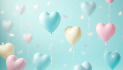 A Delightful Display of Pastel Heart-Shaped Balloons Floating in a Serene Sky Blue Background: A Celebration of Love and Tenderness