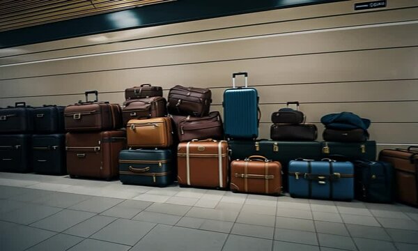 Pile of suitcases at a train station.
