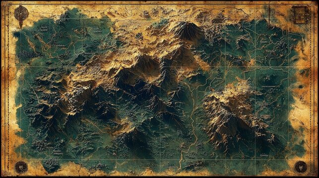This detailed map showcases a fantasy landscape with rugged mountains and lush greenery, perfect for storytelling or game design inspiration.