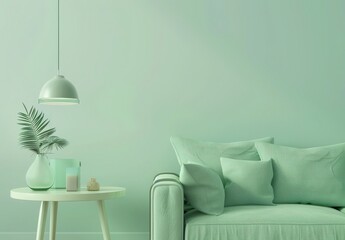 A minimalist living room with a green sofa. coffee table. and plants