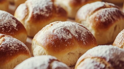 Freshly baked golden bread rolls with a light powdered topping arranged neatly, highlighting their soft crust in a cozy bakery setting.