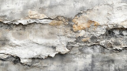 Obraz premium Weathered gray and white stone concrete texture featuring rough surface details and peeling layers in a panoramic format