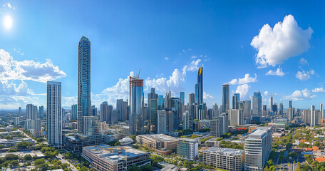 Naklejka premium Modern Skyline with High-Rise Office Buildings under Blue Sky