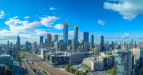 Fototapeta premium Modern Skyline with High-Rise Office Buildings under Blue Sky