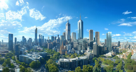 Fototapeta premium Modern Skyline with High-Rise Office Buildings under Blue Sky