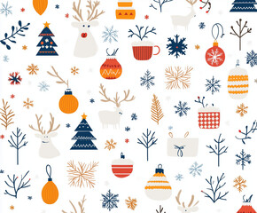 festive Christmas pattern background filled with snowflakes, reindeer, ornaments, and winter elements. Perfect , holiday atmosphere, ideal for invitations, cards, wrap paper, textiles