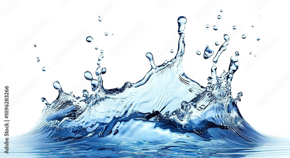 Poster dynamic splash of clear water with droplets, isolated on transparent cutout background