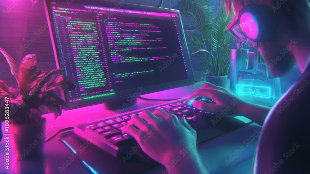 Poster a person coding at a computer surrounded by neon lights and plants.