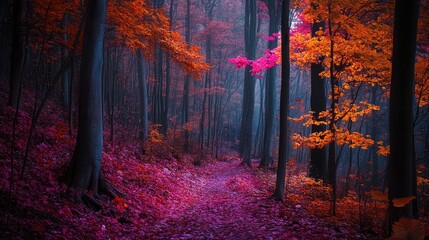 Fototapeta premium Vibrant autumn forest path lined with colorful foliage showcasing deep reds, oranges, and purples under a mystical, foggy atmosphere.