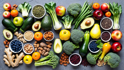 Assorted fresh organic produce elegantly arranged on table