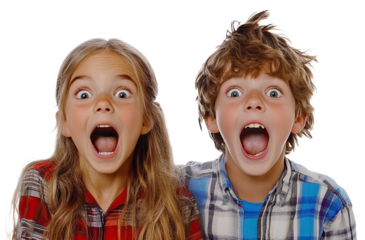 Excited kids screaming with wide open mouths, isolated on transparent cutout background