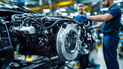 Fototapeta premium Automotive engineers collaborating on hybrid engine in workshop, showcasing teamwork and innovation in automotive technology
