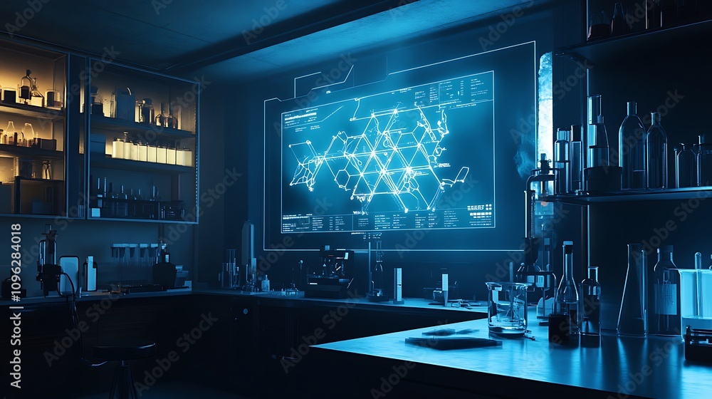 Poster an advanced chemistry lab using ai to optimize synthetic pathways for pharmaceuticals and complex co