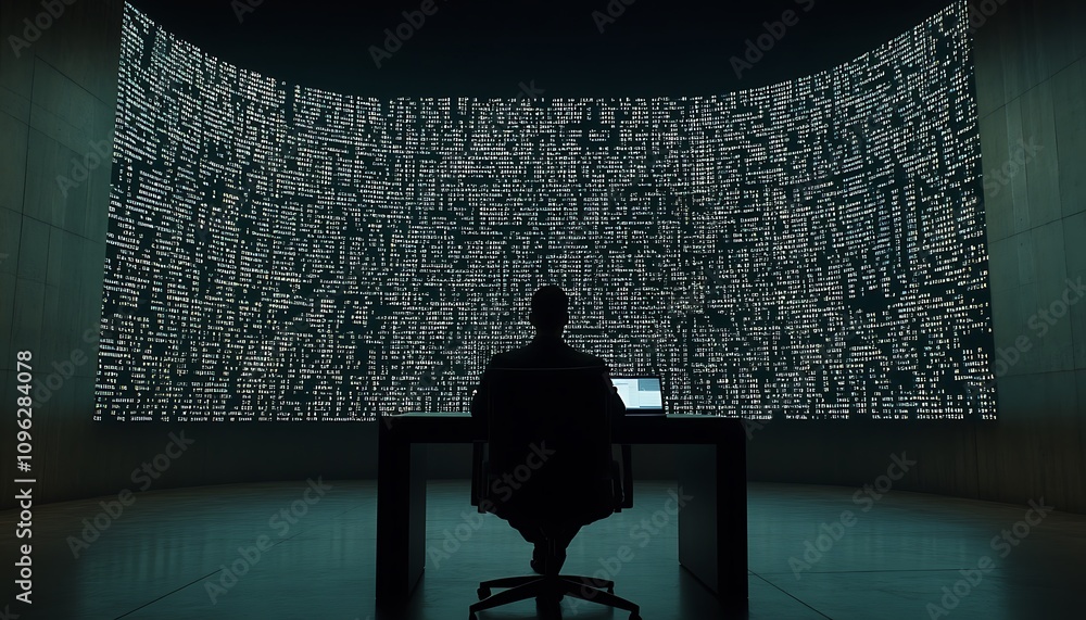 Poster a person sits at a desk in front of a large screen filled with data or code.