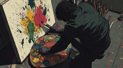 An artist creating a vibrant painting, splattering colors onto a canvas.