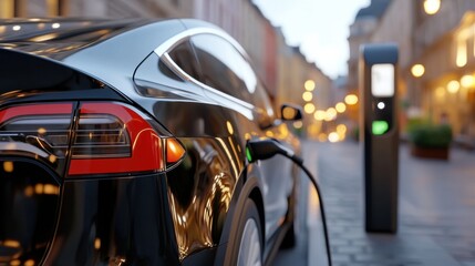 Naklejka premium Sleek electric car charging on a city street at dusk, reflecting urban lights, AI