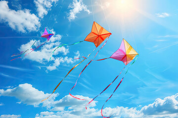 Beautiful greeting card with colorful kites soaring high above vibrant sky to holiday composition