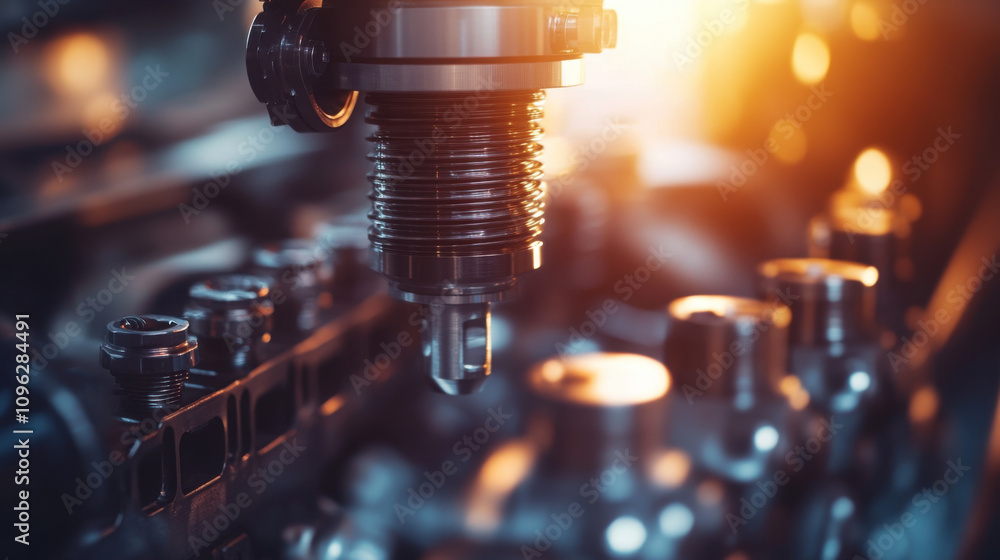 Poster close up of engine valves being calibrated for efficiency, showcasing intricate details and precisio
