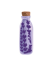 glass bottles of essential oil in lavender style with delicate lavender sprigs