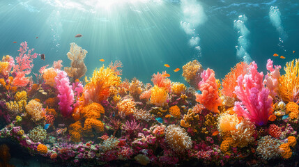 Obraz premium Vibrant Coral Reef Underwater Scene with Teeming Marine Life and Sunlight Filtering Through Crystal Clear Water