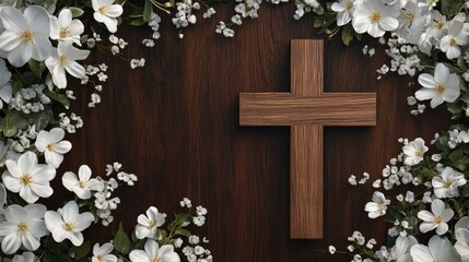 Elegant funeral invitation template with a wooden cross centered among white flowers on a dark background, offering space for personalized text.