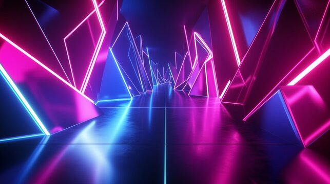 Vibrant 3D geometric elements in neon colors, exuding energy and dynamism in a futuristic setting.