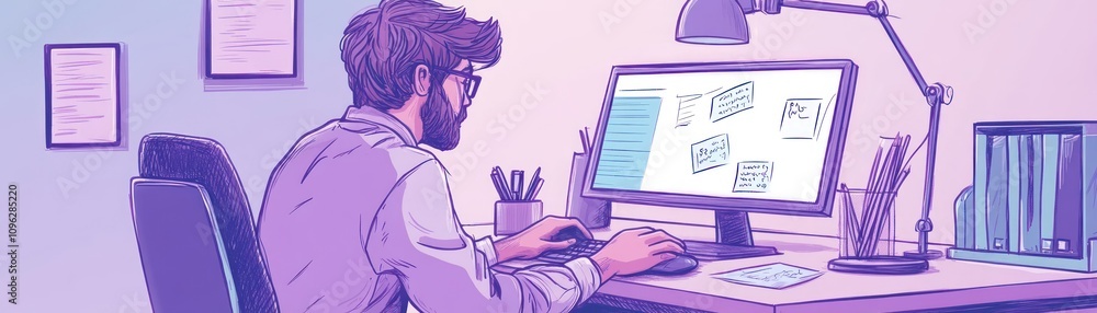 Poster a person working at a computer in a modern office setting.