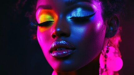 Naklejka premium Model featuring vibrant fantasy makeup with bold neon colors, artistic styling, and dramatic lighting, perfect for beauty and cosmetic marketing.