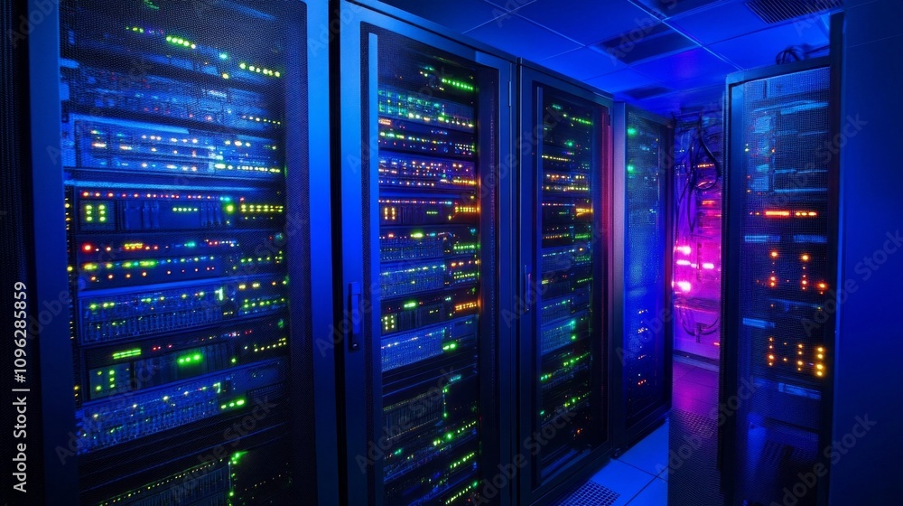 Poster A row of computer servers are lit up in a neon blue color