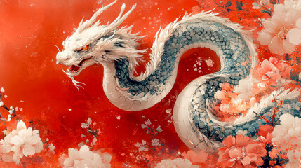 Obraz premium Mythical white dragon surrounded by cherry blossoms in vibrant artistic display