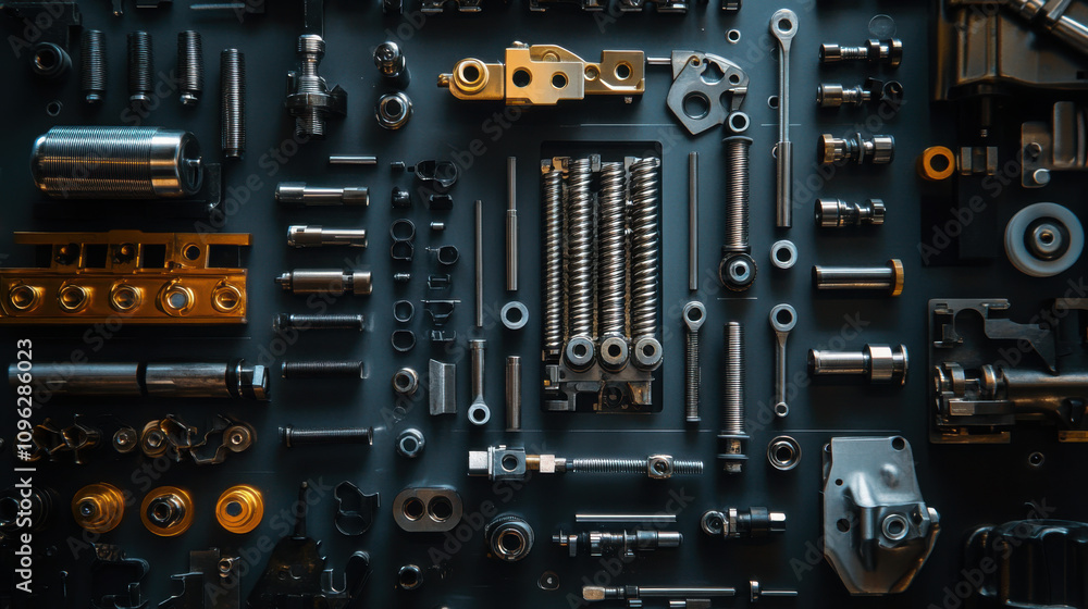 Aufkleber meticulously arranged engine parts for repair, showcasing precision and detail. this highlights vari