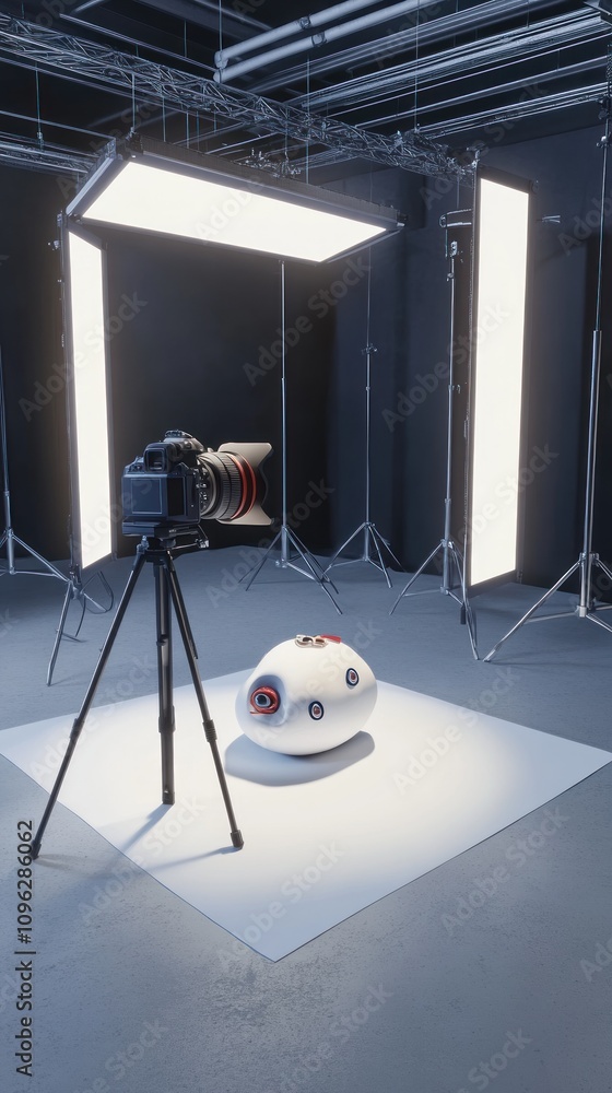 Poster a camera setup captures a futuristic object under studio lights.