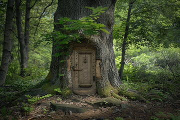 Fantastically door in wild forest leading to deep unknown
