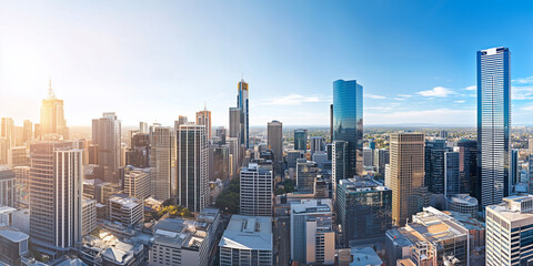 Obraz premium Modern Skyline with High-Rise Office Buildings under Blue Sky