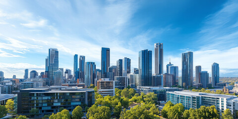 Obraz premium Modern Skyline with High-Rise Office Buildings under Blue Sky