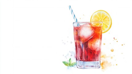 A refreshing drink with ice, lemon, and a straw, illustrated in vibrant colors, perfect for summer or warm days.