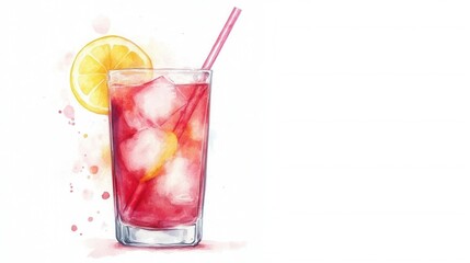 A refreshing drink with ice and a lemon slice, featuring a vibrant red color and a straw, perfect for hot summer days.