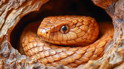 Obraz premium Realistic wooden sculpture of coiled snake inside hollow tree in natural habitat