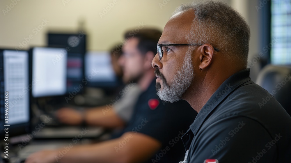 Poster a focused professional works intently at a computer, with two colleagues in the background, highligh